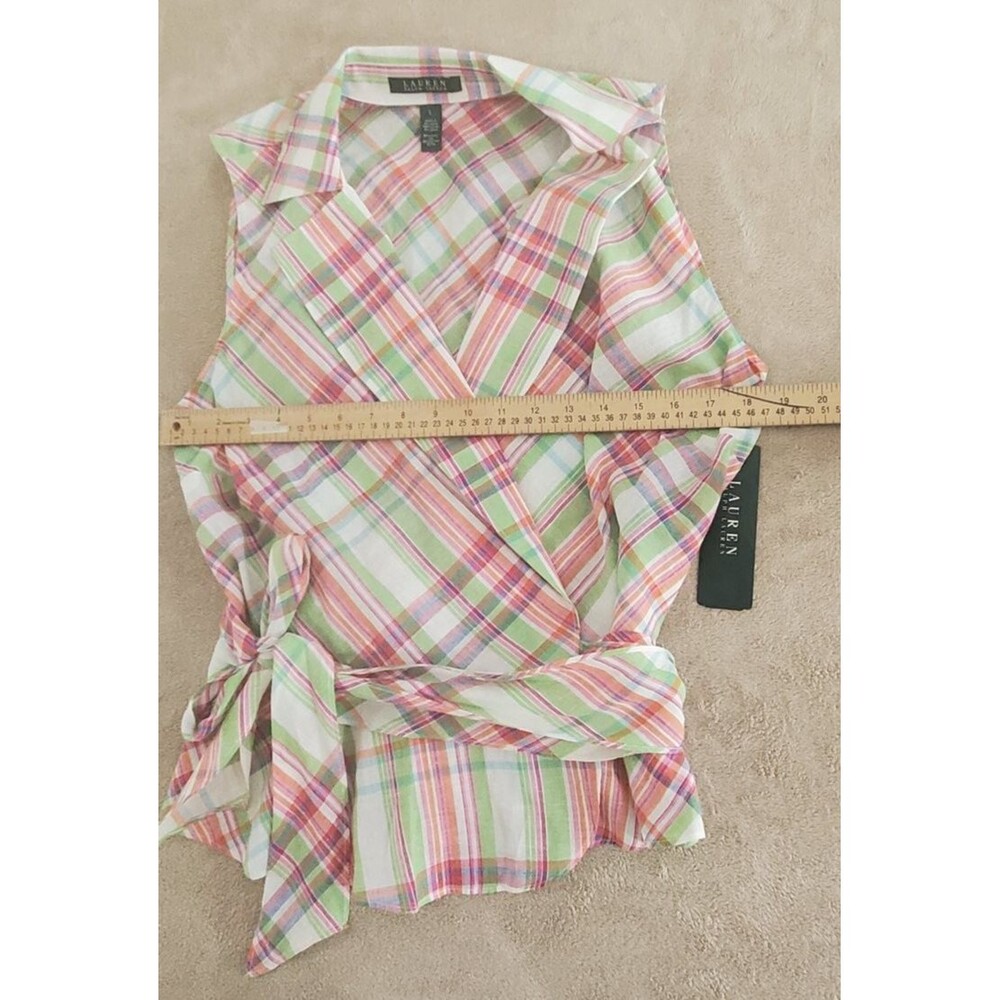 Lauren Ralph Lauren Pink Green Plaid Wrap Blouse - Size L - Picture 8 of 9